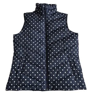 Lands' End Women' S Navy Dark Blue with White Polkadots Zip Up Down Puffer Vest